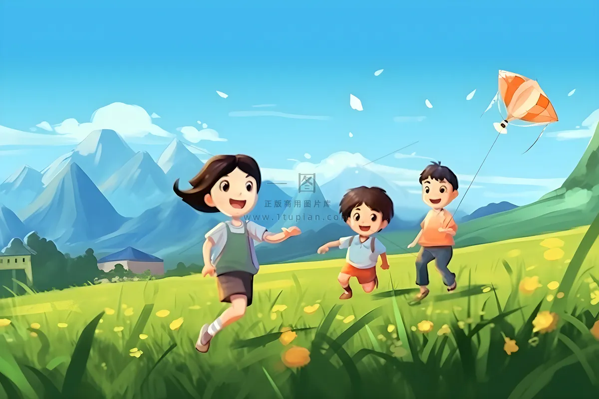 儿童孩子们大自然草原森林游玩卡通背景