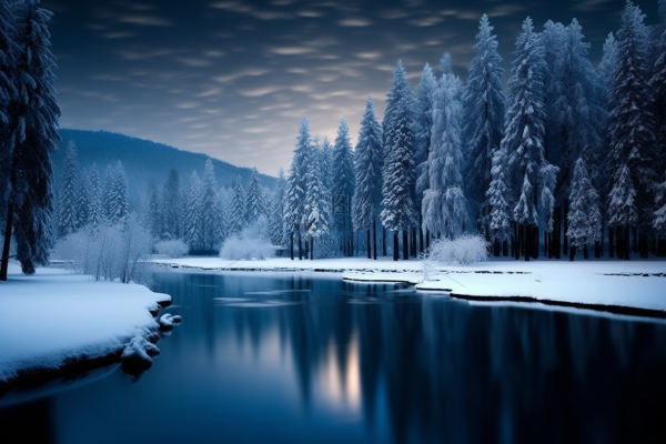 冬季下雪森林深处的湖泊河流摄影图