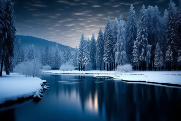 冬季下雪森林深处的湖泊河流摄影图