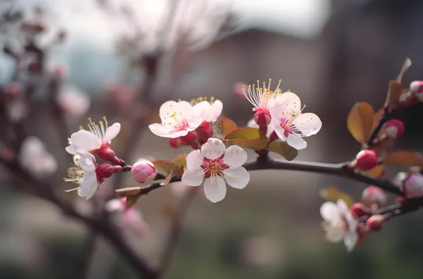 开花的中国传统梅花在阳光下摄影图