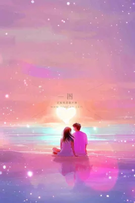 海边情侣相拥坐着粉色天空晚霞浪漫七夕情人节插画背景