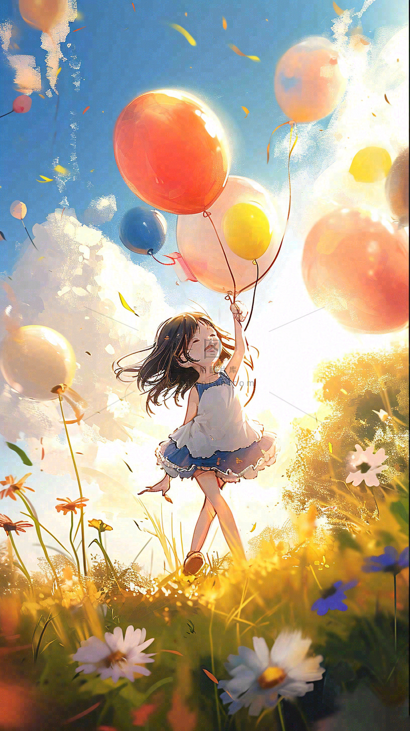 一个可爱的小女孩手里牵着彩色气球在草地上奔跑夏天,儿童节