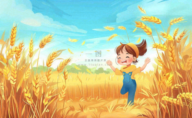 秋天丰收季麦田农田麦穗儿童嬉戏游玩芒种立秋处暑秋分卡通插画背景