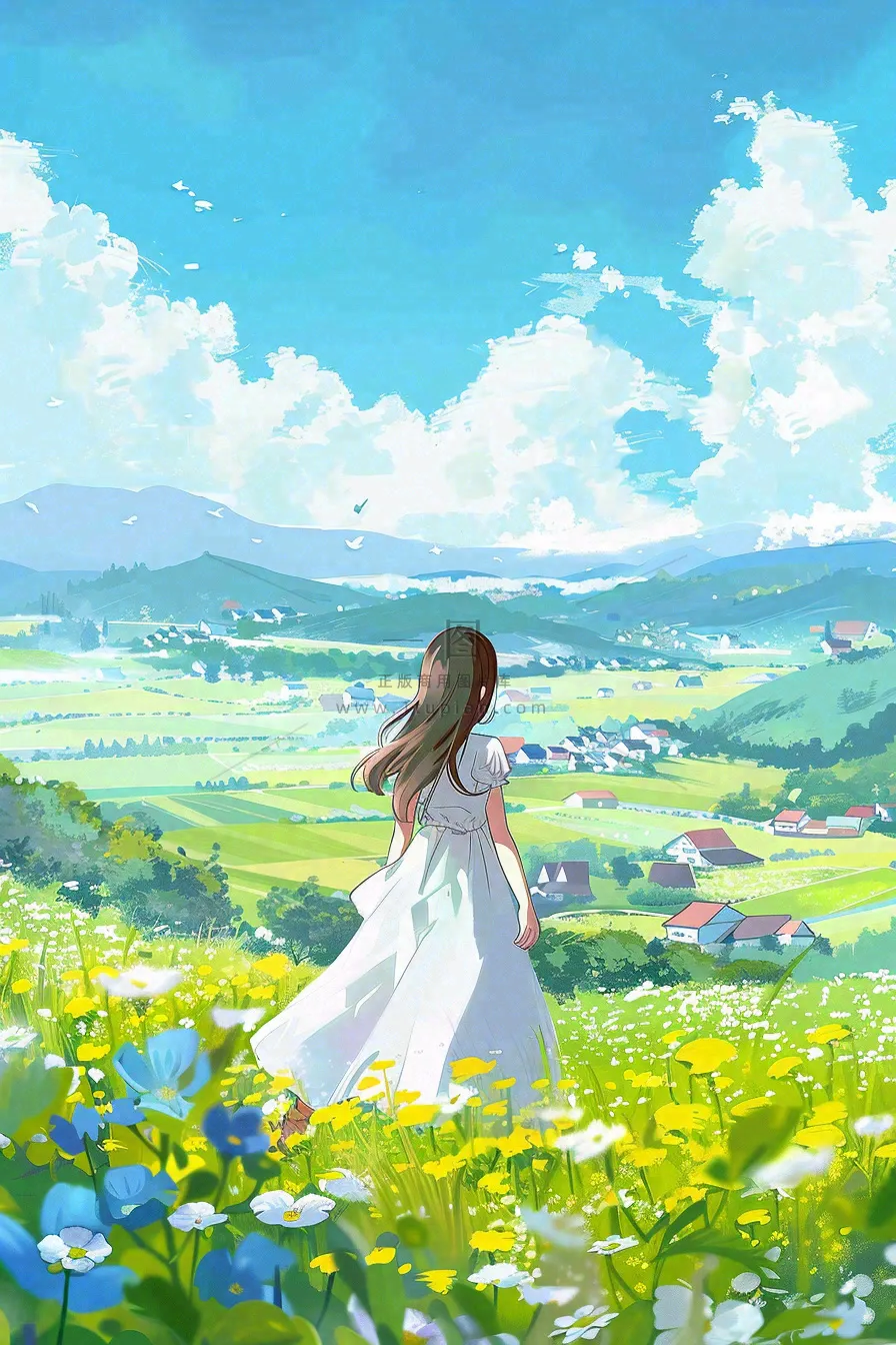 春夏花海里的少女美丽唯美小清新春分立夏夏至青春卡通插画背景