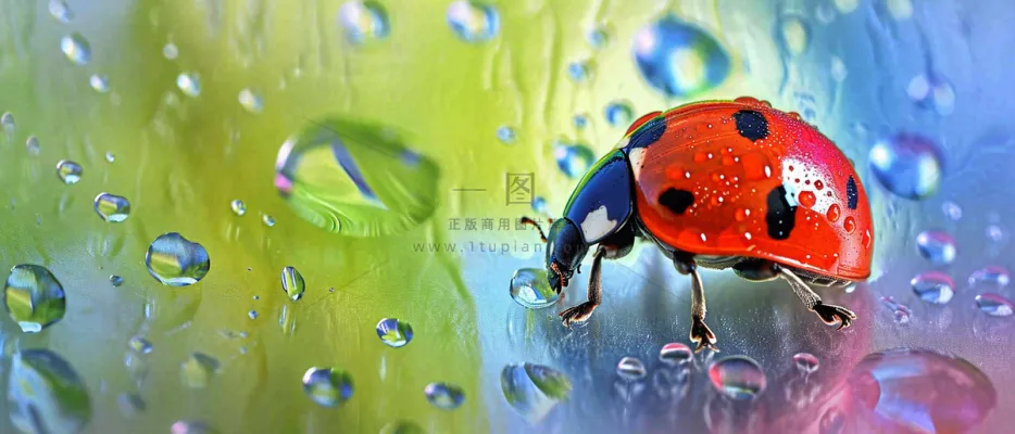 雨天雨水水珠上七星瓢虫动物爬行，彩色渐变摄影图