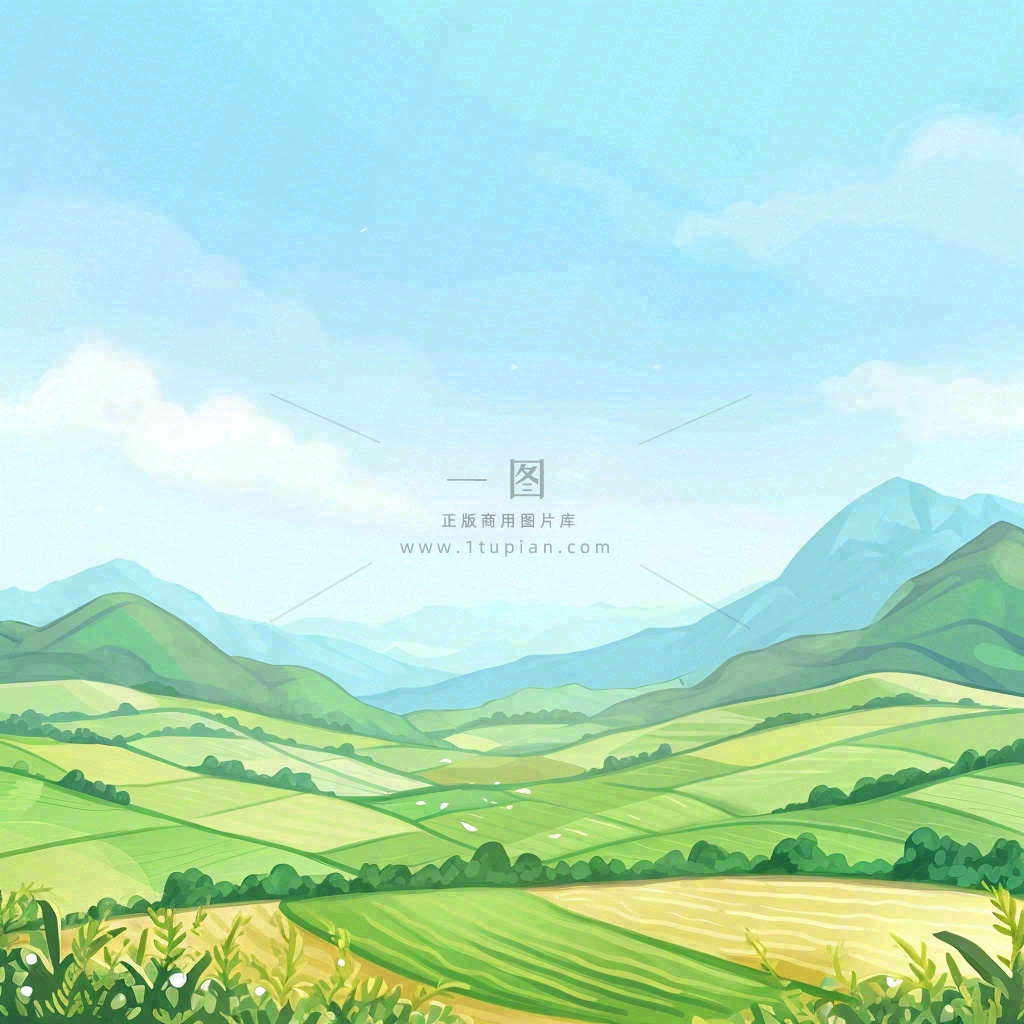 春天清新山脉田间草地绿植手绘插画