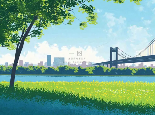 城市河边草地交通风景，春天阳光蓝天白云手绘插画