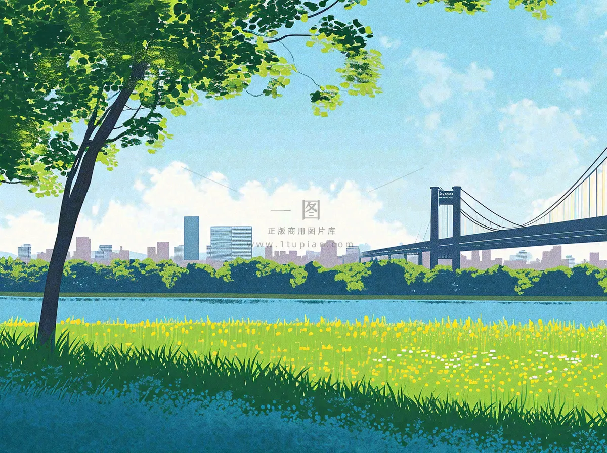 城市河边草地交通风景,春天阳光蓝天白云手绘插画