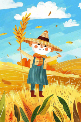 农场农田里的稻草人小麦麦穗秋收粮食芒种立秋秋分卡通插画背景 农场农田里的稻草人小麦麦穗秋收粮食芒种立秋秋分卡通插画背景