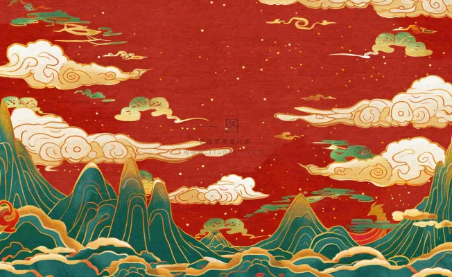 红色国潮风山川祥云喜庆元旦插画背景