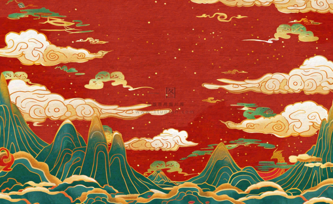 红色国潮风山川祥云喜庆元旦插画背景 红色国潮风山川祥云喜庆元旦插画背景