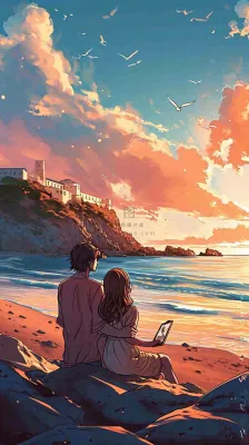 海边落日情人节情侣温馨爱情拥抱手绘插画