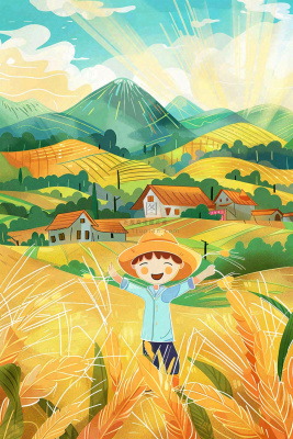 秋天农田丰收山村村庄稻草人水稻小麦立秋秋分芒种卡通插画背景 秋天农田丰收山村村庄稻草人水稻小麦立秋秋分芒种卡通插画背景