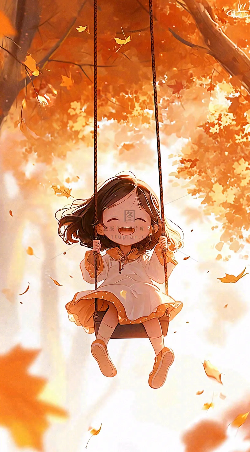 秋天秋叶少女儿童荡秋千玩耍,可爱手绘插画