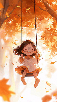 秋天秋叶少女儿童荡秋千玩耍,可爱手绘插画 秋天秋叶少女儿童荡秋千玩耍,可爱手绘插画