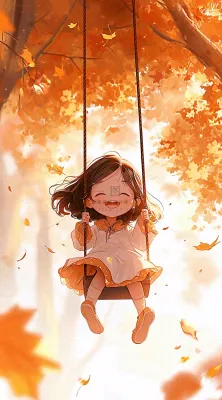 秋天秋叶少女儿童荡秋千玩耍,可爱手绘插画 秋天秋叶少女儿童荡秋千玩耍,可爱手绘插画