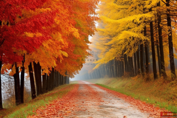 秋天公路边的枫树和银杏树落叶摄影图