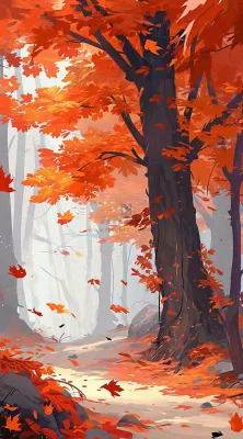 秋天红色秋叶树落叶温馨自然风景，立秋手绘插画