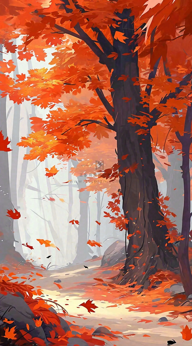 秋天红色秋叶树落叶温馨自然风景,立秋手绘插画