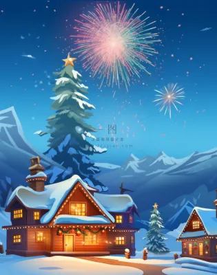 冬季雪天圣诞小镇烟花夜晚节日氛围卡通插画背景