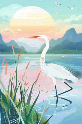 秋日芦苇荡的白鹭湖泊山水日落白露寒露插画背景