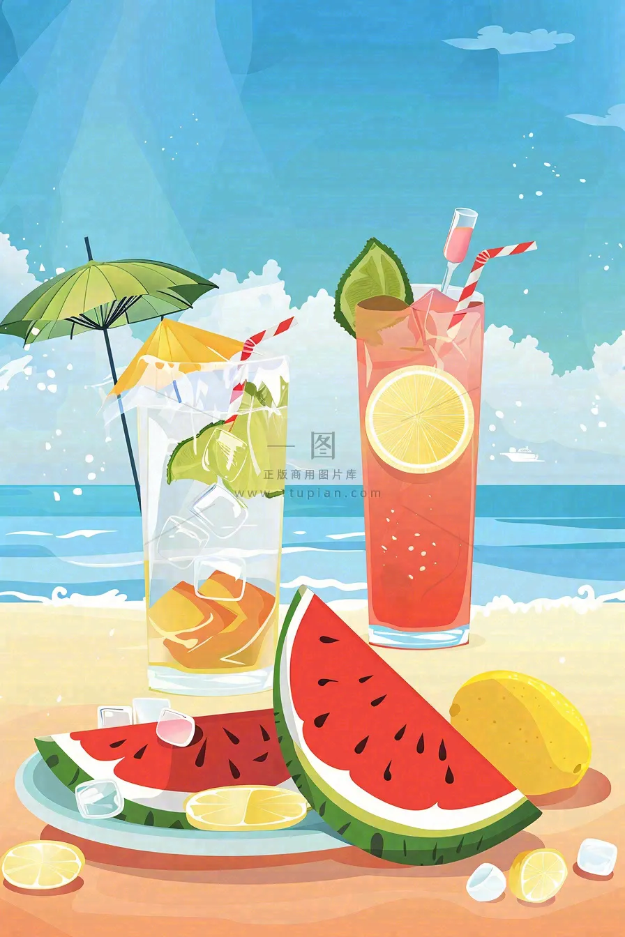 炎热夏日冰镇饮料饮品西瓜汁海边沙滩蓝天白云立夏夏至大暑小暑处暑卡通插画背景