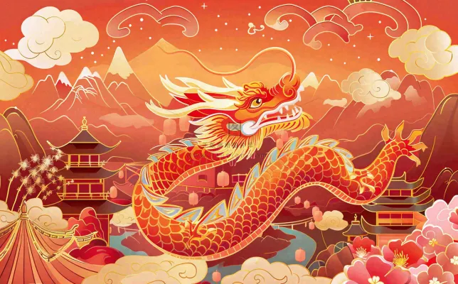 龙年新年春节喜庆红色古风国潮风祥云小年除夕卡通插画背景