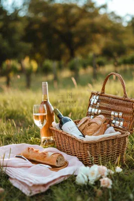 春天户外草坪野餐篮子露营食物酒面包摄影