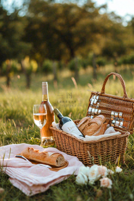 春天户外草坪野餐篮子露营食物酒面包摄影 春天户外草坪野餐篮子露营食物酒面包摄影