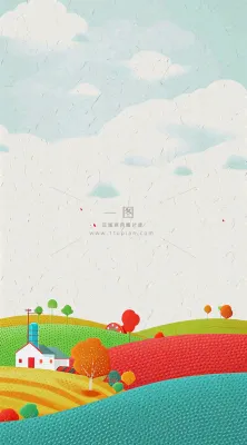 清新山脉草坪点线面扁平屋子树木手绘插画 清新山脉草坪点线面扁平屋子树木手绘插画