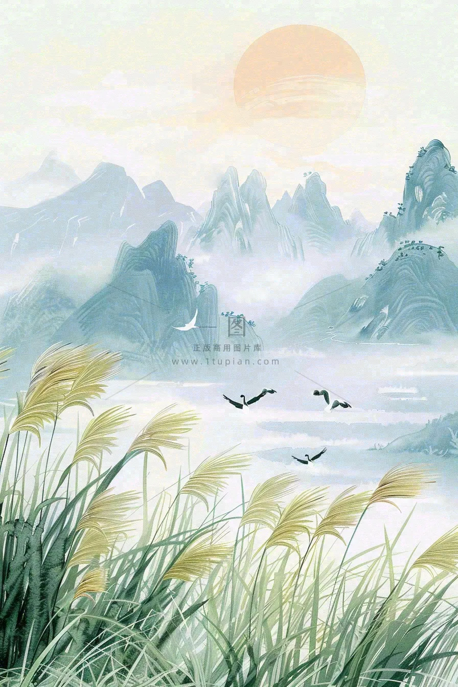 山水水墨芦苇白鹭古风白露寒露处暑插画水彩画背景