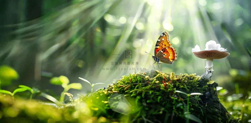阳光斑驳下的蝴蝶苔藓蘑菇春天森林春分惊蛰摄影图 阳光斑驳下的蝴蝶苔藓蘑菇春天森林春分惊蛰摄影图