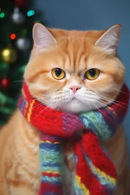 一只围着围巾的可爱猫咪橘猫圣诞氛围摄影图