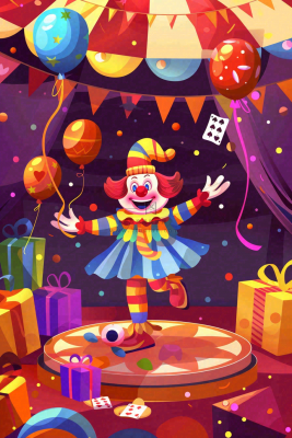 马戏团小丑表演开心紫色卡通搞怪愚人节插画背景 马戏团小丑表演开心紫色卡通搞怪愚人节插画背景