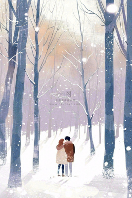 冬天森林里的情侣相拥赏雪白桦树白雪立冬小雪冬至卡通插画背景