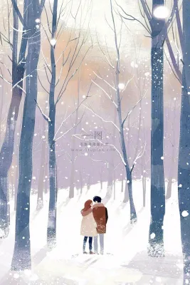 冬天森林里的情侣相拥赏雪白桦树白雪立冬小雪冬至卡通插画背景