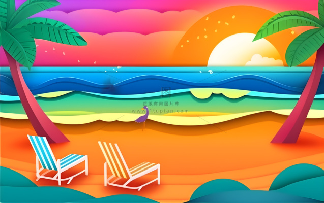 夏日海滩椰子树沙滩椅晚霞背景