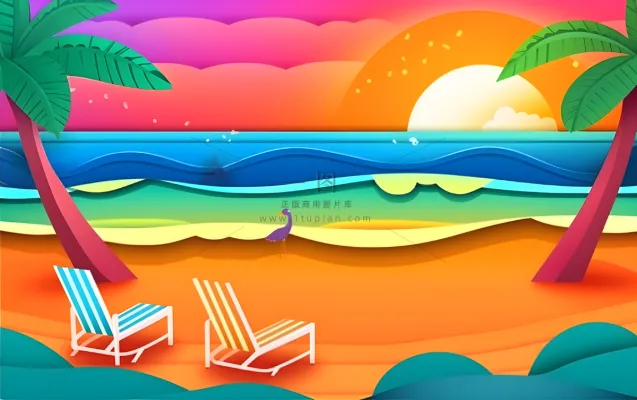 夏日海滩椰子树沙滩椅晚霞背景