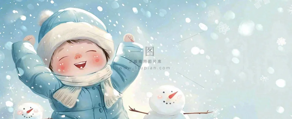 冬季雪地里玩耍的男孩堆雪人可爱卡通插画小雪大雪小寒大寒背景