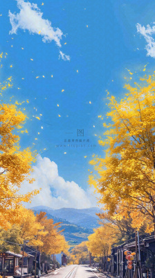 秋天蓝天白云下唯美公路旁的黄叶树木,秋分处暑摄影图 秋天蓝天白云下唯美公路旁的黄叶树木,秋分处暑摄影图