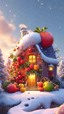 冬天苹果红色雪屋雪地雪花,圣诞节可爱卡通 冬天苹果红色雪屋雪地雪花,圣诞节可爱卡通