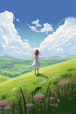 夏日天空女孩站在山上眺望远方草丛小花绿色卡通插画素材