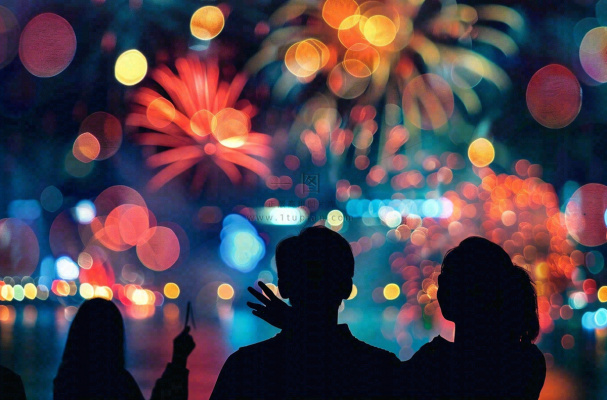 烟花绽放节日人物剪影背景庆祝小年除夕夜背景