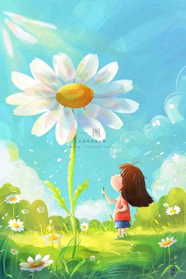 夏天插画手绘夏日风景立夏夏至节气炎热雏菊花朵卡通少女卡通