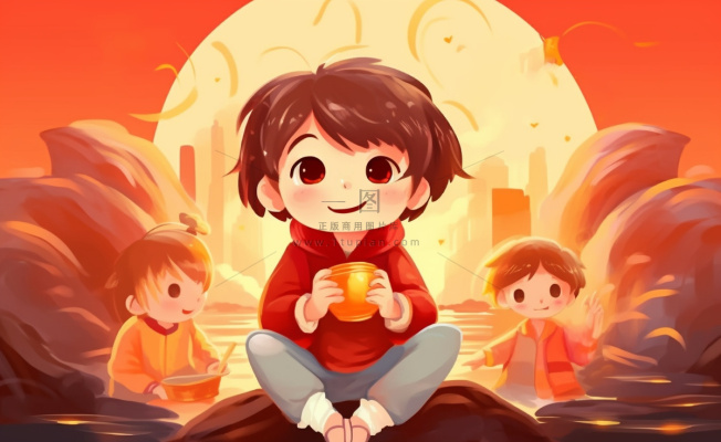 新年张灯结彩孩子们玩乐喜庆红色氛围庆祝卡通插画背景 新年张灯结彩孩子们玩乐喜庆红色氛围庆祝卡通插画背景