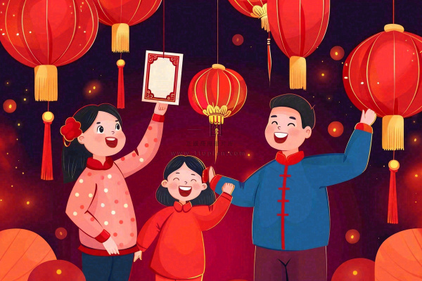 新年春节一家人出游红灯笼红包除夕元宵节红色卡通插画背景