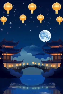 节日灯笼祈福夜晚天水一色蓝色卡通插画插图背景