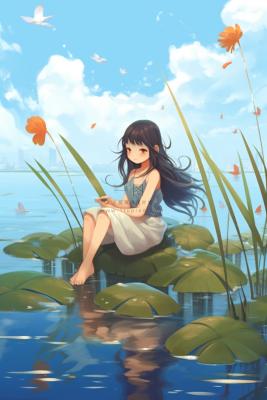 少女坐着湖中叶子上玩耍蓝色背景卡通插画