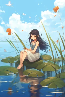 少女坐着湖中叶子上玩耍蓝色背景卡通插画