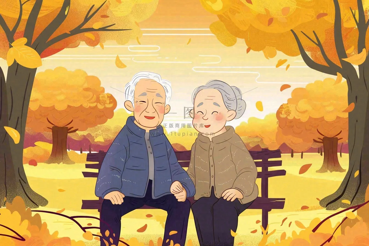 秋天公园长椅坐着的老年夫妻老人互相陪伴黄树落叶重阳佳节卡通插画背景